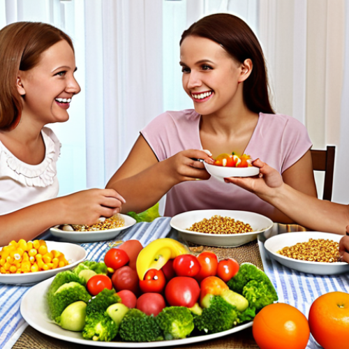 **Image of a Polish family enjoying a healthy meal.** Focus on colorful vegetables, fruits, and whole grains on the table. Happy and relaxed atmosphere.