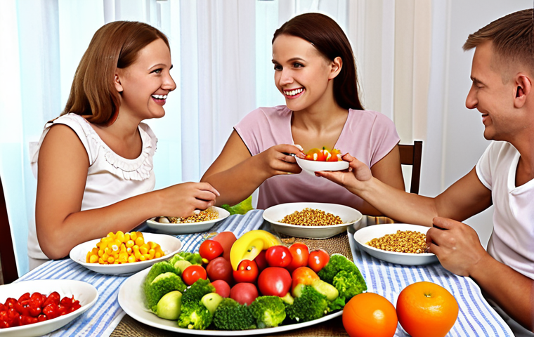 **Image of a Polish family enjoying a healthy meal.** Focus on colorful vegetables, fruits, and whole grains on the table. Happy and relaxed atmosphere.